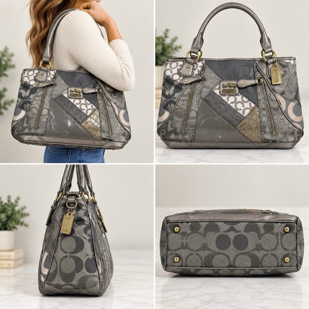 Coach 9070 Patchwork Signature Satchel Handbag Gray Metallic Y2K Vintage